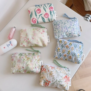 Floral Print Cotton Coin Purse Mini Zippered Storage Pouch For Lipstick And Feminine Hygiene Products Fresh Style Woman Accessory