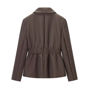 Women's dark brown waist-fitted blazer jacket with textured fabric in a back view