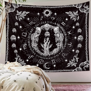 Black and white occult skull tapestry with celestial star and moon patterns for room decor
