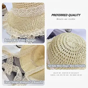 French vintage straw sun hat for women with elegant lace trim and breathable mesh design