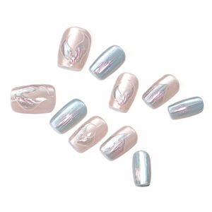 Lot de 10 faux ongles press on nails aurora cat eye avec reflets sirène et motifs 3D