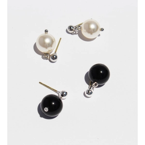 Minimalist Round Ball Dangle Earrings Brass With 925 Sterling Silver Earring Post Elegant Faux Artificial Pearl Black Agate For Women