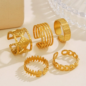 5-piece set of 18K gold plated minimalist open rings with hammered and lined textures