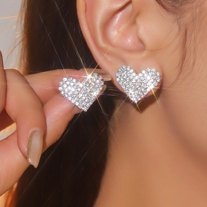 Shiny Heart Stud Earrings With Rhinestone And Stainless Steel Earring Post Elegant Fashion Jewelry For Women