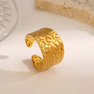 Golden wide hammered stainless steel open ring with textured finish for women