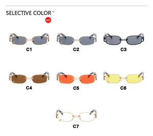 Selective color chart showing seven stylish small rectangular metal frame sunglasses