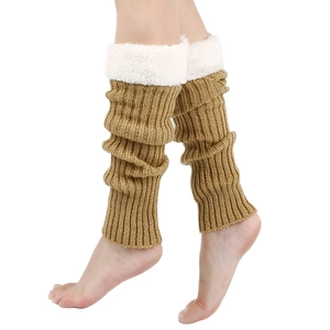Detail of khaki knit leg warmers with white faux fur trim and cozy texture