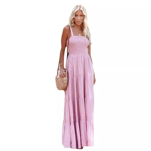 Summer pink striped maxi dress with tiered skirt and spaghetti straps for vacation