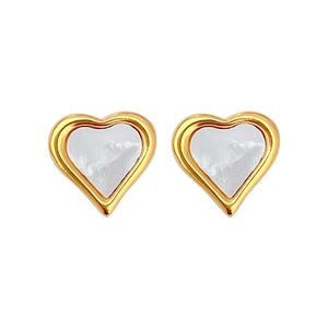 Close-up of minimalist heart stud earrings with white shell inlay and gold metal frame