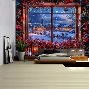 Detail of Christmas tapestry showing a winter window view with red berries and snow scene