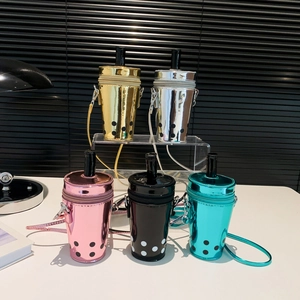 Creative bubble tea shaped crossbody bags in metallic gold, silver, pink, black and teal