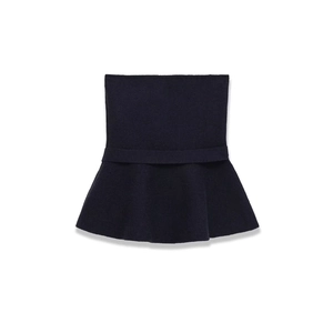 Dark blue knitted tube top with peplum hem and bow accent on white background