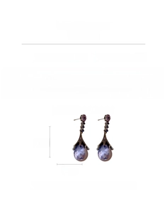 Detailed view of vintage teardrop pearl earrings with purple rhinestones and dimensions