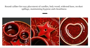 Detailed view of red crackle glaze ceramic aromatherapy set with star and heart motifs