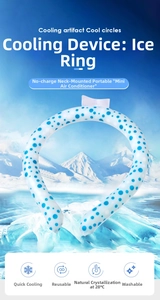 Macro shot of cooling neck ring with blue polka dots on a refreshing glacier background