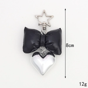 Faux leather black bow and silver heart pendant keychain with star clasp, 8cm accessory