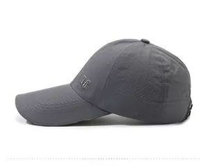 Detail of dark grey quick-dry baseball cap with M logo and breathable laser-cut holes