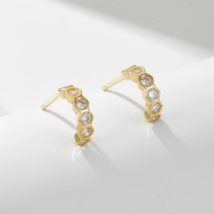 925 Sterling Silver Geometric Hexagon Rhinestone Stud Earrings Small Honeycomb Gold Silver Plated Ear Jewelry For Women
