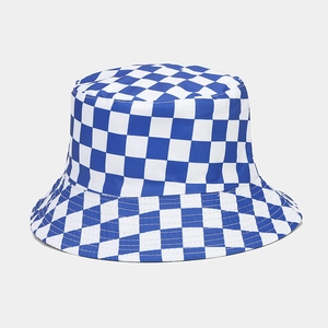 Blue and white checkered reversible bucket hat for outdoor sun protection and street style