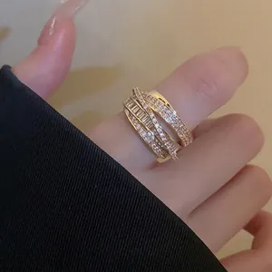 Women Multi Layer Open Ring Copper Gold Plated With Micro Pave Cubic Zirconia Geometric Wave Design Fashion Jewelry