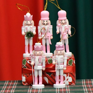 Five-piece set of 13cm pink and white wooden nutcracker Christmas ornaments with gold ropes