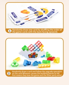 Close-up of Tetris balance stacking game with colorful blocks and instruction cards