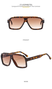 Detail view of leopard print square sunglasses with tea gradient lenses front and side