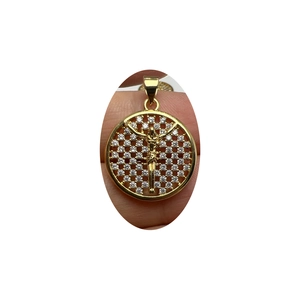 Gold round pendant featuring Virgin Mary and cross with sparkling zircon stones