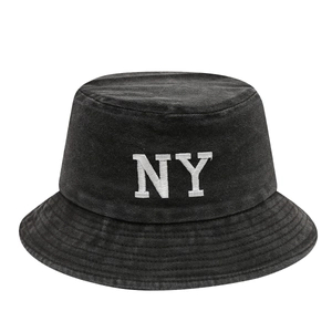 Classic black washed cotton bucket hat with white NY embroidery and minimalist design