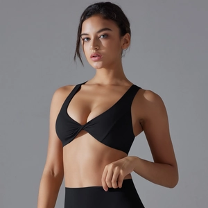 Close-up of black sports bra featuring a twist-knot front design and wide straps for support