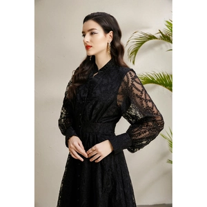 Elegant black lace embroidery dress with V-neck, lantern sleeves, and pleated waist detail