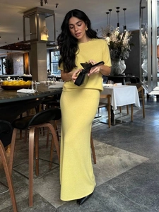 Women's 2-piece knit set with short sleeve top and slim long skirt in pale lemon yellow