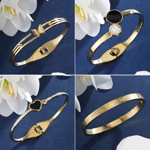 Fashion Stainless Steel Bangle For Women Gold Plated Rhinestone Butterfly Heart Roman Numerals Design Luxury Jewelry Gift