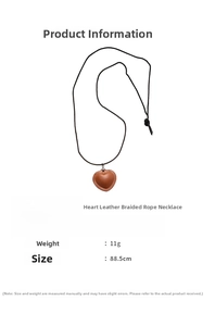 Detail of heart leather necklace showing 11g weight and 88.5cm braided rope length