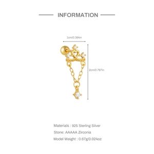Detail of S925 sterling silver crown and heart earring with AAAAA zirconia dimensions