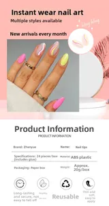 Détail de faux ongles à motif ondulé rose et jaune avec spécifications du matériau ABS