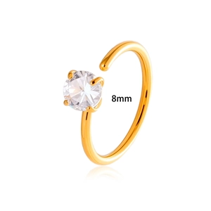 Golden 8mm stainless steel C-shaped nose ring with a round clear cubic zirconia