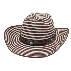 Brown and white striped straw cowboy sun hat with turquoise leather band for summer beach
