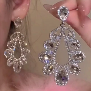 Luxury Hollow Teardrop Pendant Earrings Alloy Rhinestone 925 Sterling Silver Earring Post Vintage Jewelry Women