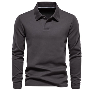 Macro shot of charcoal grey cotton long-sleeve polo shirt with detailed collar and buttons