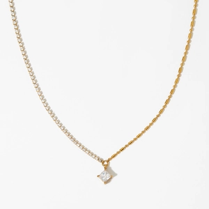 Elegant gold necklace set with square zircon pendant and mixed bead-tennis chain style