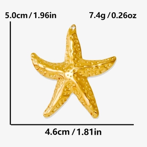Detailed view of large gold starfish pendant with texture measuring 5.0cm by 4.6cm