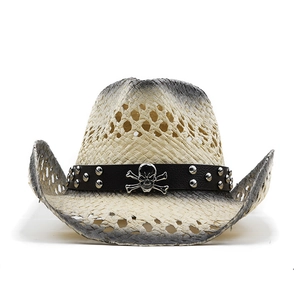 Handmade raffia western cowboy hat with metal skull stud and distressed edge