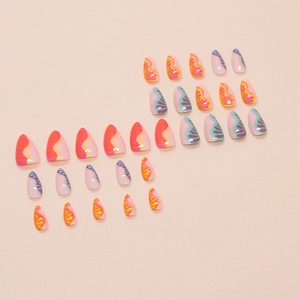 Pink almond press-on nails featuring vibrant butterfly wing patterns in various colors