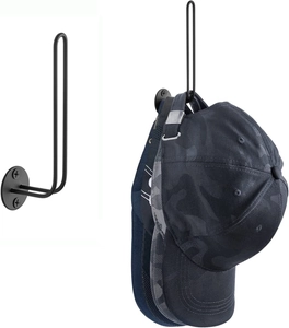 L-shaped black metal baseball cap rack showing vertical wall-mounted storage utility