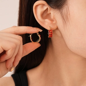 Vintage gold hoop earrings with red marquise cut stones in a wheat-inspired design