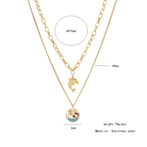 Detailed technical drawing of double-layer stainless steel dolphin necklace with size specs