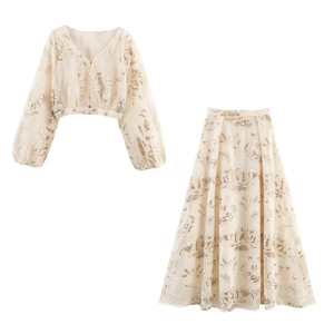 Women Elegant Mesh Sequin Embroidery V-Neck Lantern Sleeve Top And A-Line Maxi Skirt Luxury Vacation Party Apparel