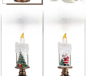 Macro detail of Christmas snow globe candle lamp with Santa Claus and tree inside