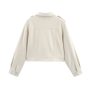 Women's off-white faux suede short jacket featuring a back yoke and shoulder tabs design